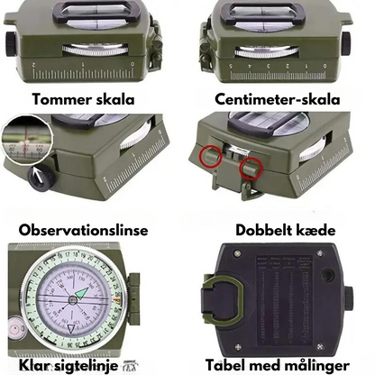 "Sort robust militærkompas i zinklegering med bæresnor, væskefyldt for præcise målinger og let transportabelt design."