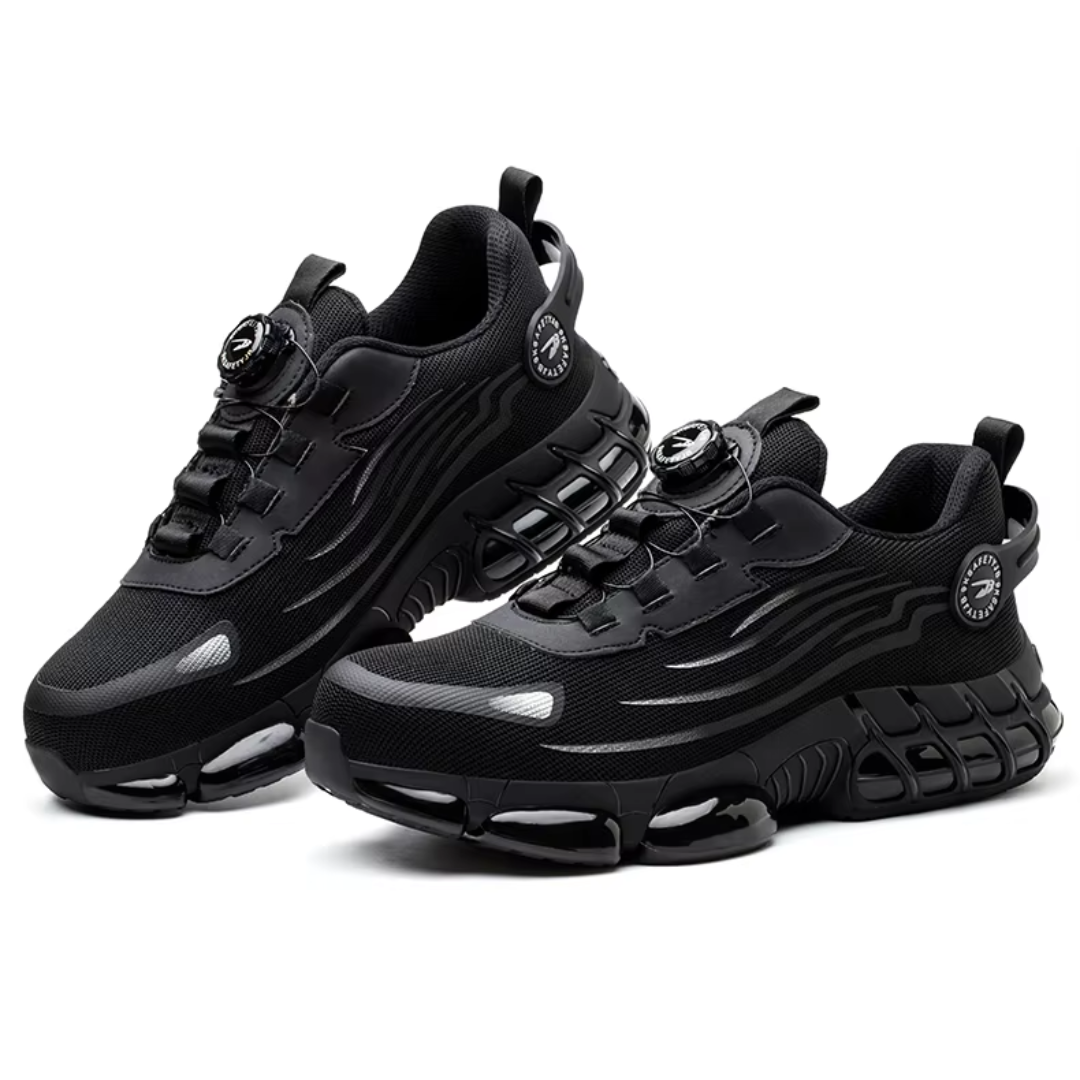 "Sort sikkerhedssko til mænd, robust og komfortabel med ståltåkappe og skridsikker sål, ideel til arbejdsmiljøer."