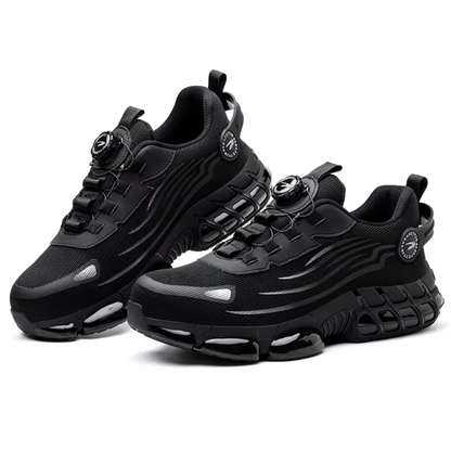 "Sort sikkerhedssko til mænd, robust og komfortabel med ståltåkappe og skridsikker sål, ideel til arbejdsmiljøer."