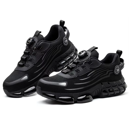 "Sort sikkerhedssko til mænd, robust og komfortabel med ståltåkappe og skridsikker sål, ideel til arbejdsmiljøer."