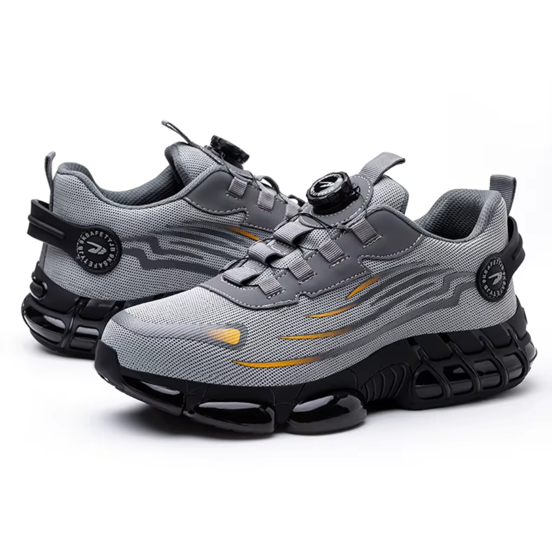 "Sort sikkerhedssko til mænd, robust og komfortabel med ståltåkappe og skridsikker sål, ideel til arbejdsmiljøer."