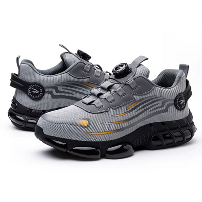 "Sort sikkerhedssko til mænd, robust og komfortabel med ståltåkappe og skridsikker sål, ideel til arbejdsmiljøer."