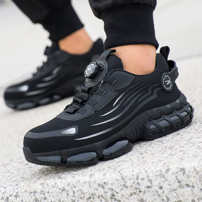 "Sort sikkerhedssko til mænd, robust og komfortabel med ståltåkappe og skridsikker sål, ideel til arbejdsmiljøer."