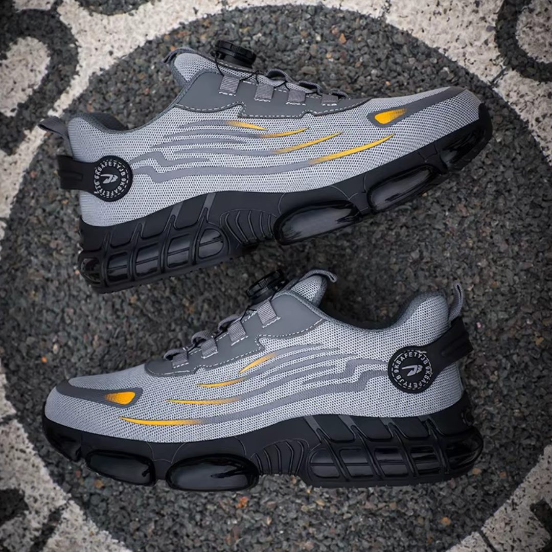 "Sort sikkerhedssko til mænd, robust og komfortabel med ståltåkappe og skridsikker sål, ideel til arbejdsmiljøer."