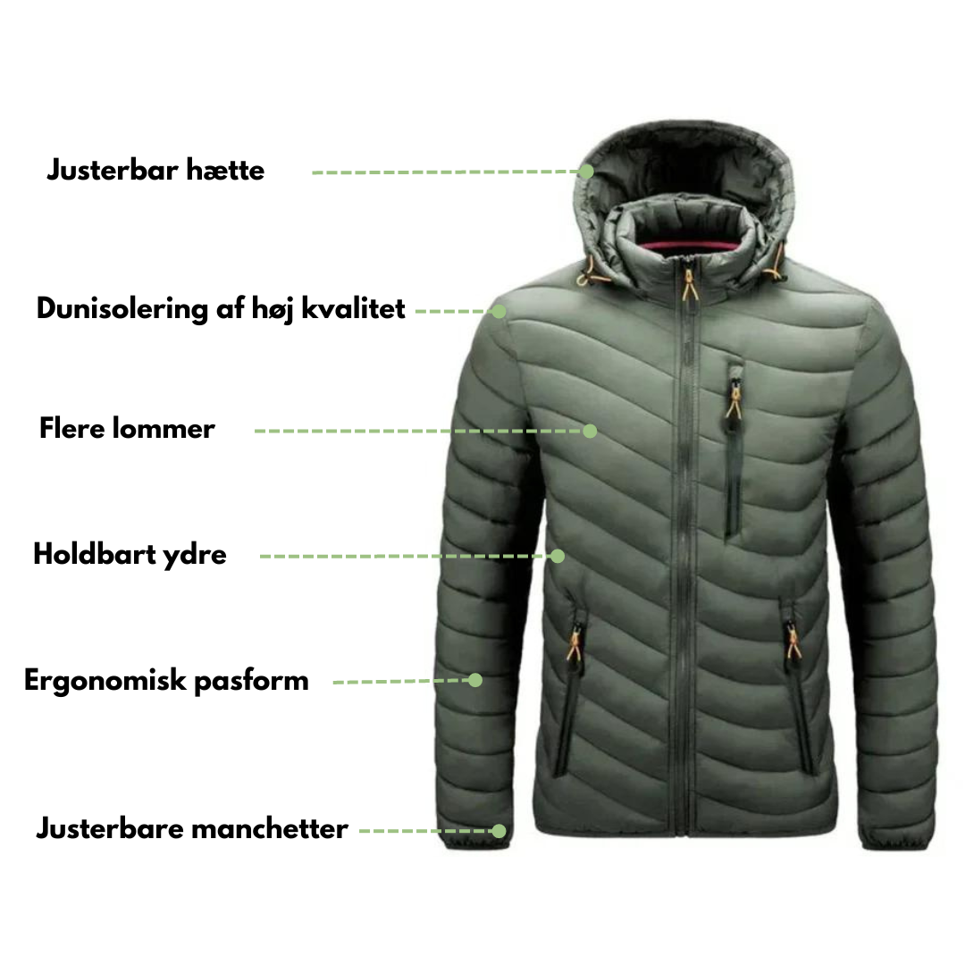 "Sort vandafvisende dunjakke med aftagelig krave, perfekt til efterår. Optimal komfort og stil til både by og natur."