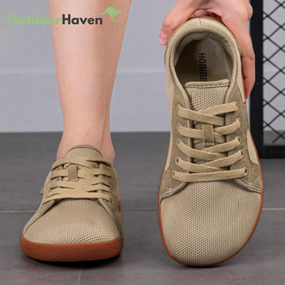 Sorte barfods sneakers til mænd med strikket overdel, bred tåboks og gummisål, perfekt til udendørs brug og daglig komfort.