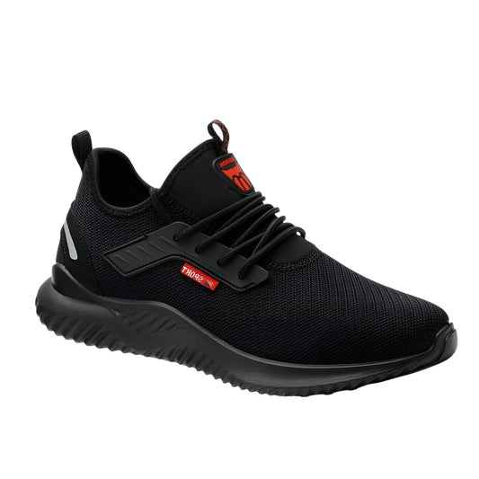 "Sorte, skridsikre sikkerhedssko med åndbart design og hård tåbeskyttelse for komfort og sikkerhed"