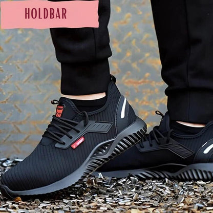 "Sorte, skridsikre sikkerhedssko med åndbart design og hård tåbeskyttelse for komfort og sikkerhed"