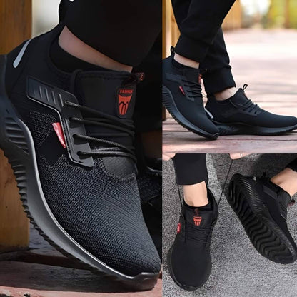 "Sorte, skridsikre sikkerhedssko med åndbart design og hård tåbeskyttelse for komfort og sikkerhed"