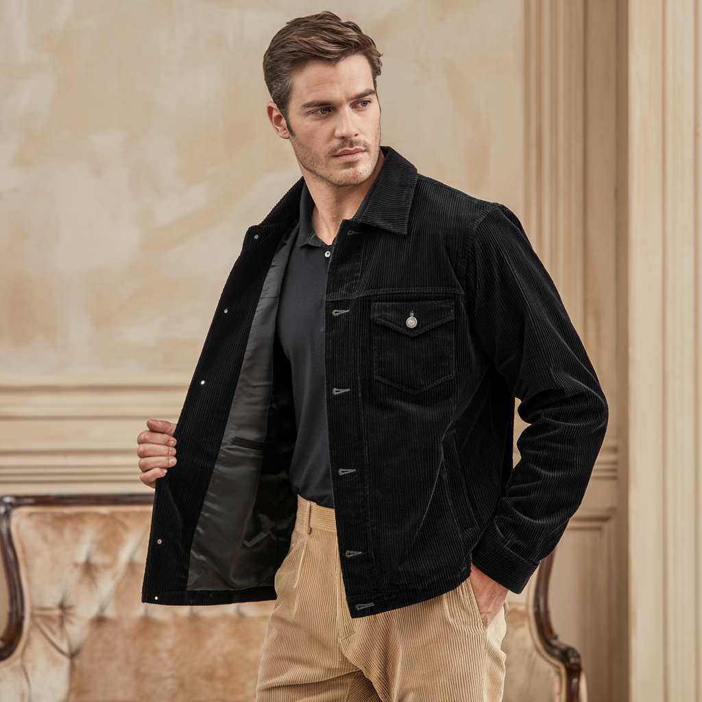 Stilfuld fløjlsjakke med knaplukning og elegante lommedetaljer, perfekt til herremode og giver en sofistikeret stil.
