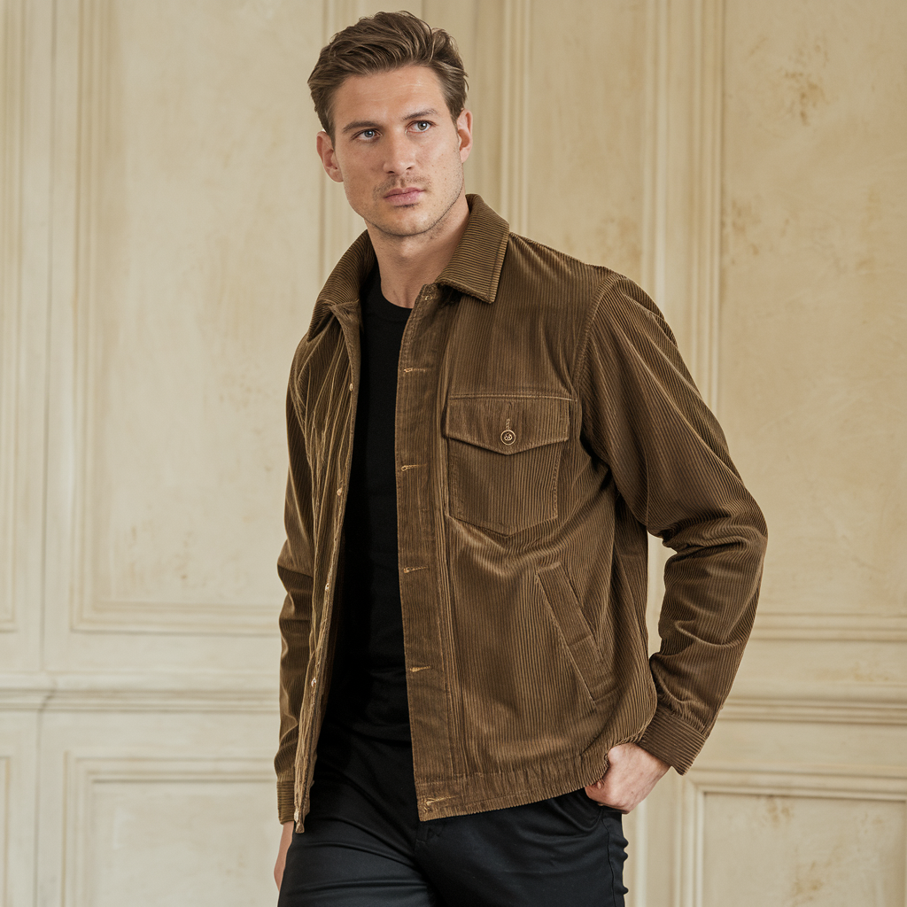 Stilfuld fløjlsjakke med knaplukning og elegante lommedetaljer, perfekt til herremode og giver en sofistikeret stil.