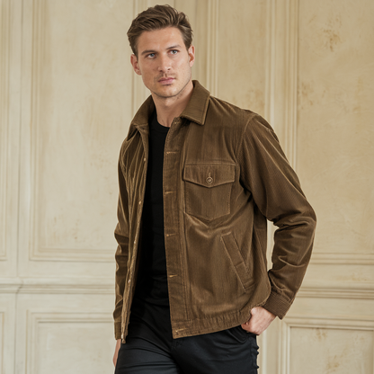 Stilfuld fløjlsjakke med knaplukning og elegante lommedetaljer, perfekt til herremode og giver en sofistikeret stil.