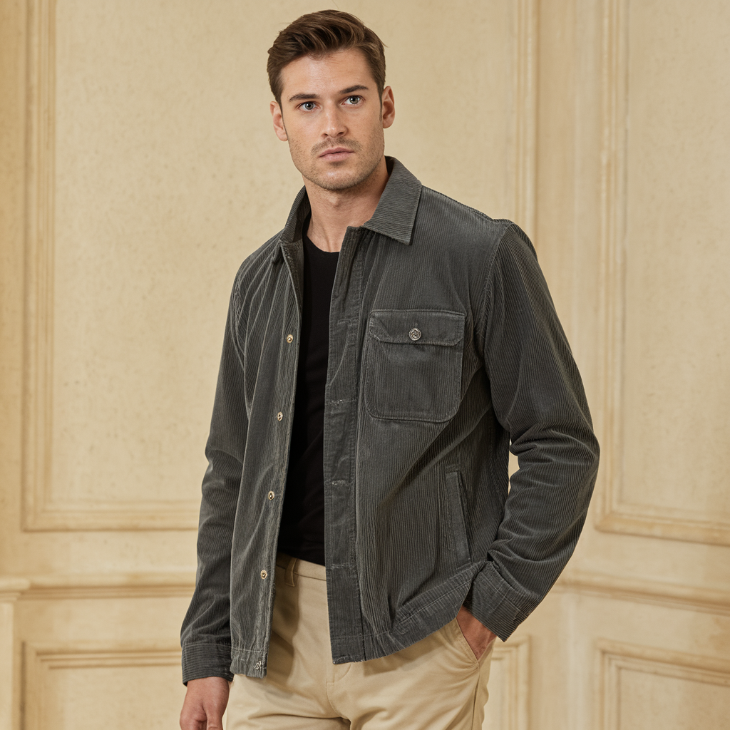 Stilfuld fløjlsjakke med knaplukning og elegante lommedetaljer, perfekt til herremode og giver en sofistikeret stil.