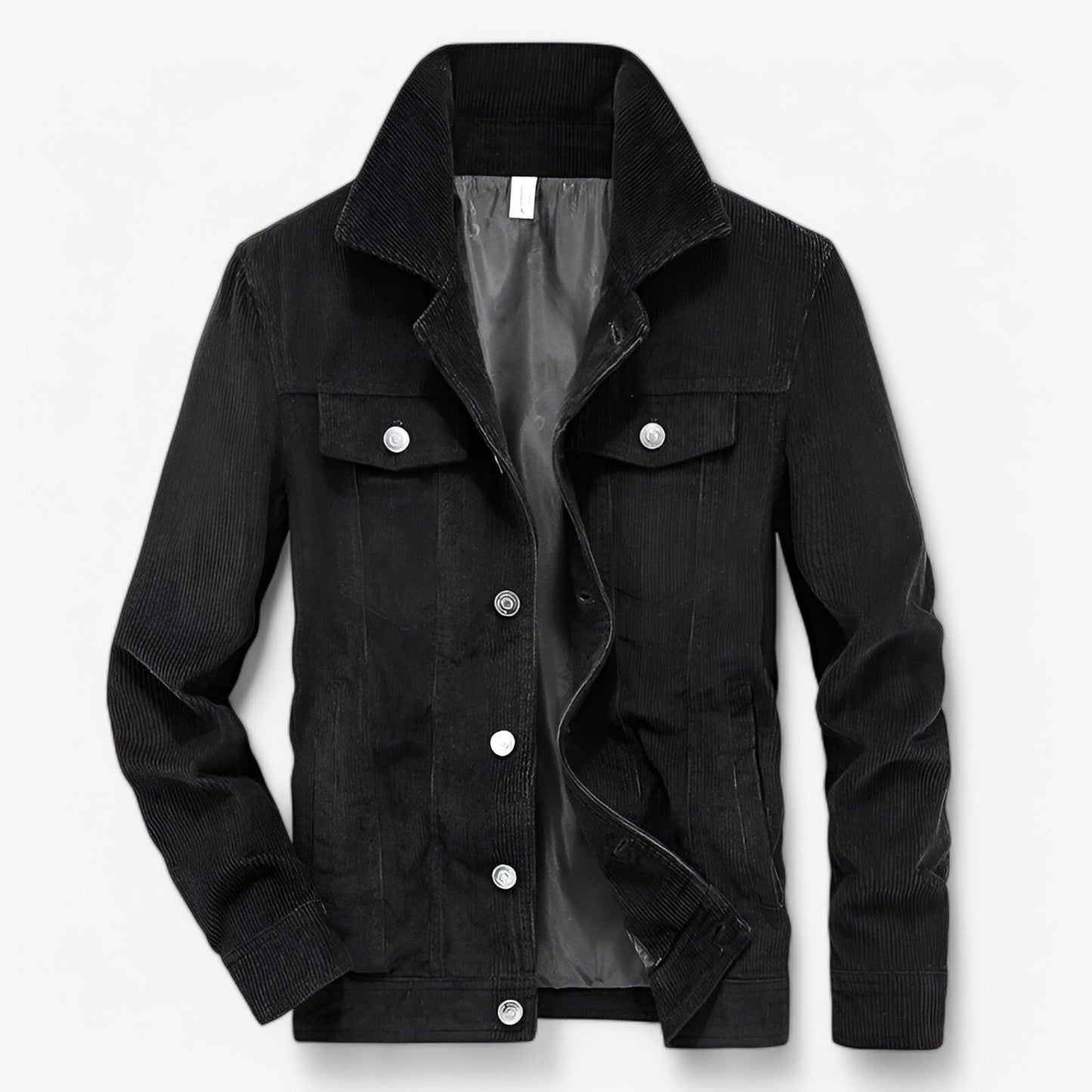 Stilfuld fløjlsjakke med knaplukning og elegante lommedetaljer, perfekt til herremode og giver en sofistikeret stil.