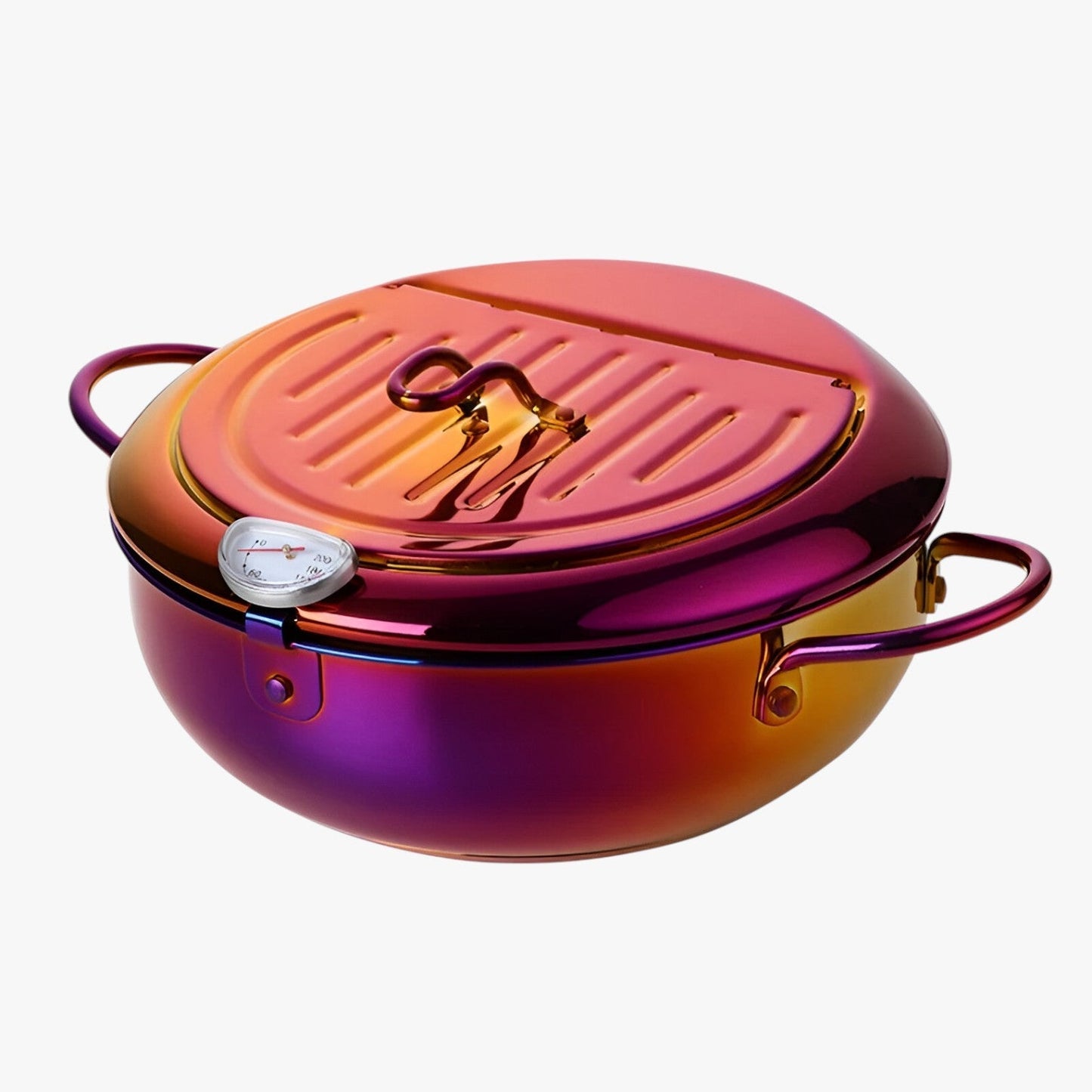 "Stilfuld frituregryde af rustfrit stål med indbygget termometer for præcis madlavning og nem rengøring."