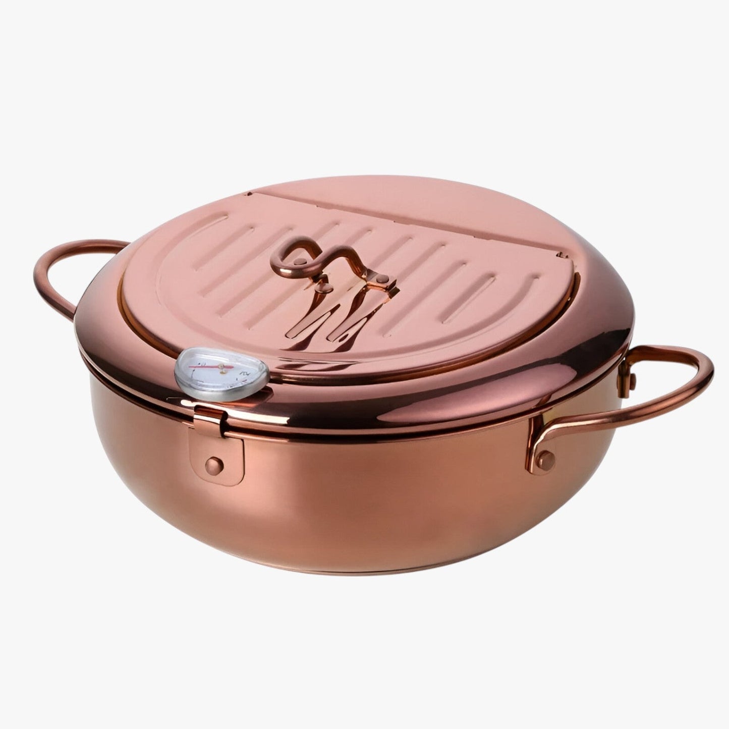 "Stilfuld frituregryde af rustfrit stål med indbygget termometer for præcis madlavning og nem rengøring."