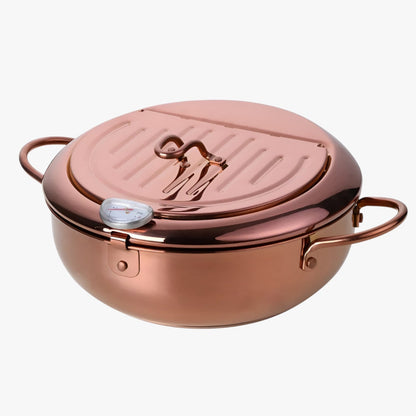 "Stilfuld frituregryde af rustfrit stål med indbygget termometer for præcis madlavning og nem rengøring."