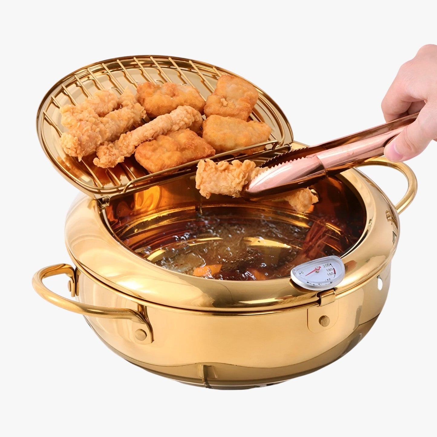 "Stilfuld frituregryde af rustfrit stål med indbygget termometer for præcis madlavning og nem rengøring."