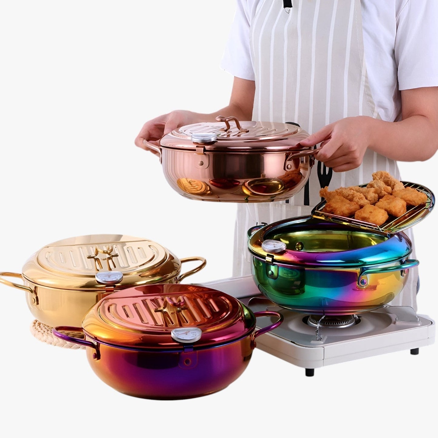 "Stilfuld frituregryde af rustfrit stål med indbygget termometer for præcis madlavning og nem rengøring."