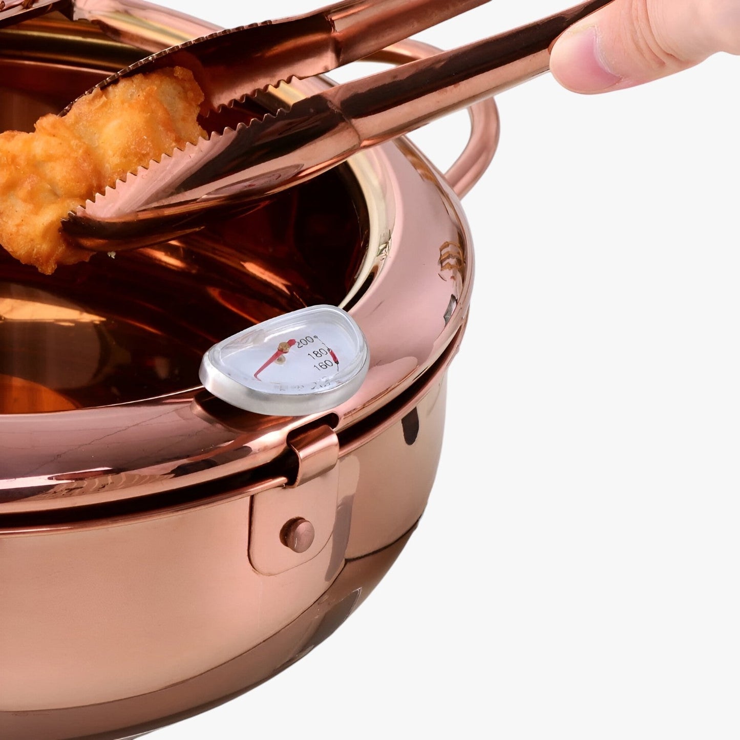 "Stilfuld frituregryde af rustfrit stål med indbygget termometer for præcis madlavning og nem rengøring."