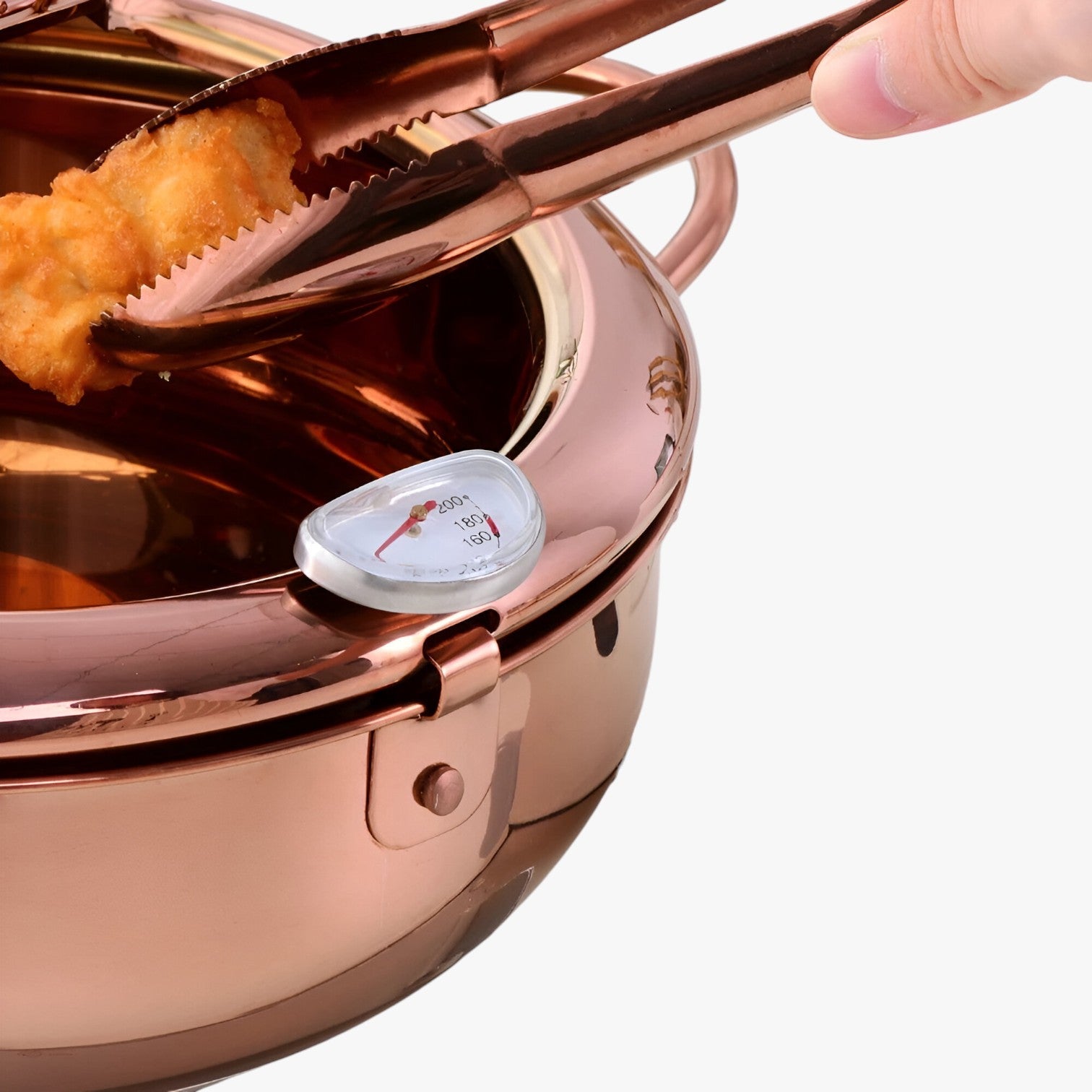"Stilfuld frituregryde af rustfrit stål med indbygget termometer for præcis madlavning og nem rengøring."