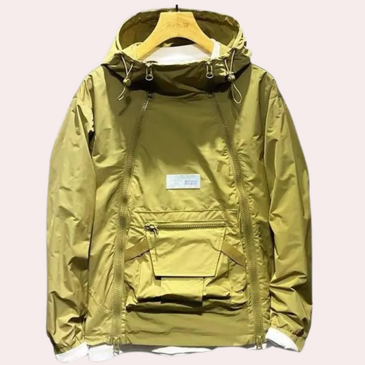 "Stilfuld herre-windbreaker, vejrbestandig, sort/grå/khaki, vandafvisende, åndbart og hurtigtørrende stof."