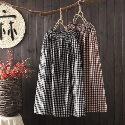 "Stilfulde gingham wide-leg bukser i retro ternet design, bomuldsblanding, afslappet pasform, elastisk talje, beige/hvid"