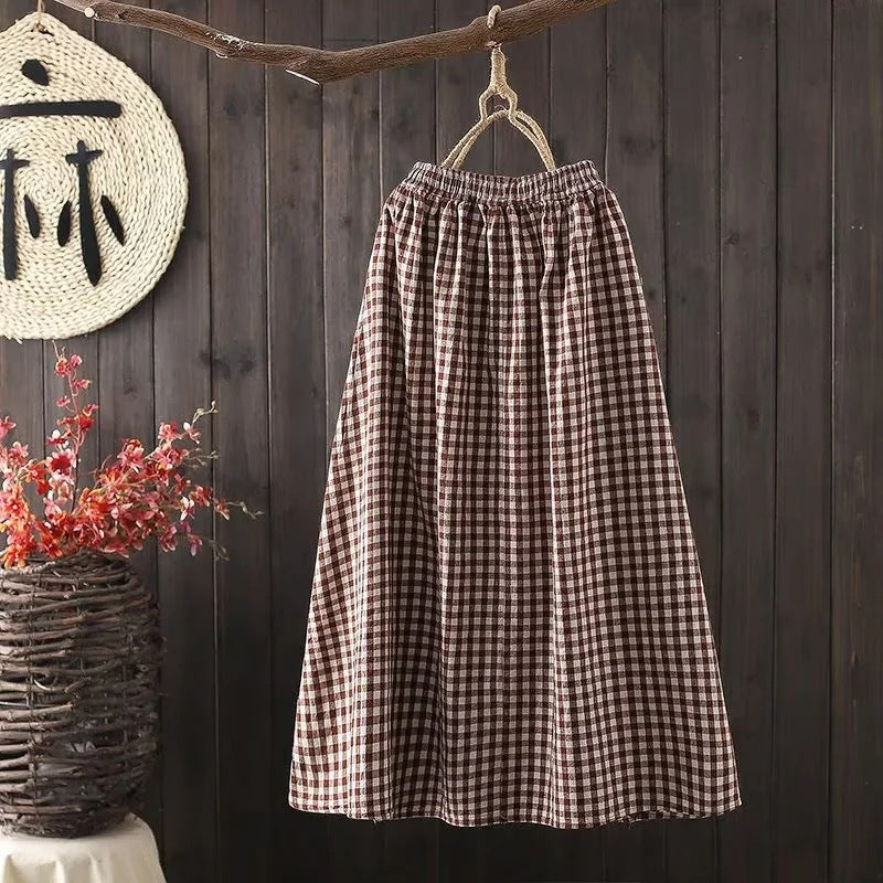 "Stilfulde gingham wide-leg bukser i retro ternet design, bomuldsblanding, afslappet pasform, elastisk talje, beige/hvid"