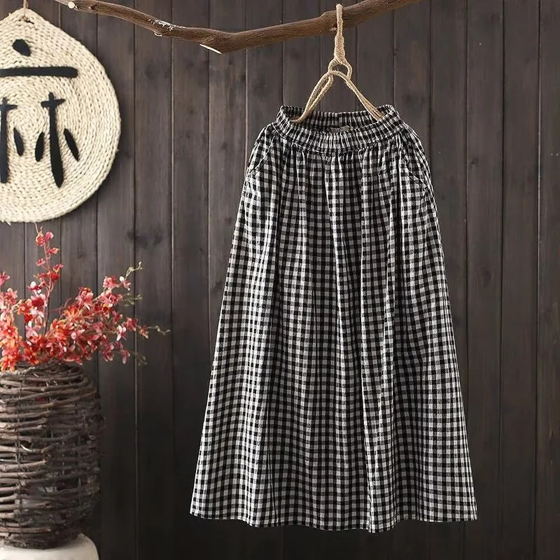 "Stilfulde gingham wide-leg bukser i retro ternet design, bomuldsblanding, afslappet pasform, elastisk talje, beige/hvid"