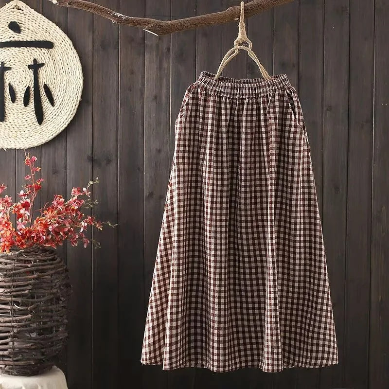 "Stilfulde gingham wide-leg bukser i retro ternet design, bomuldsblanding, afslappet pasform, elastisk talje, beige/hvid"