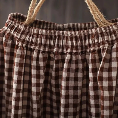"Stilfulde gingham wide-leg bukser i retro ternet design, bomuldsblanding, afslappet pasform, elastisk talje, beige/hvid"