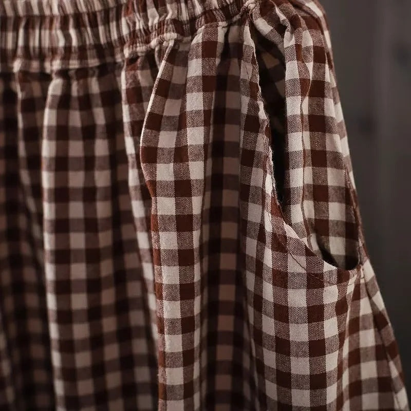 "Stilfulde gingham wide-leg bukser i retro ternet design, bomuldsblanding, afslappet pasform, elastisk talje, beige/hvid"