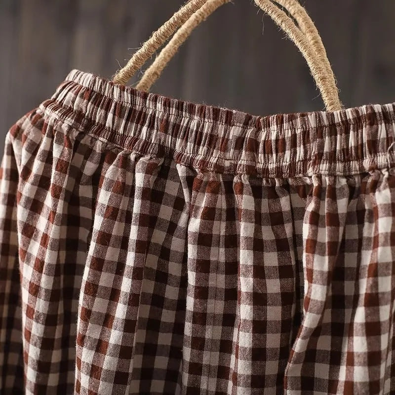 "Stilfulde gingham wide-leg bukser i retro ternet design, bomuldsblanding, afslappet pasform, elastisk talje, beige/hvid"