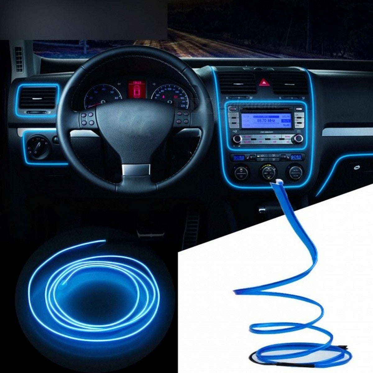 "Stilfuldt LED stemningslys til bilinteriør, elegant lys i forskellige farver, skaber luksuriøs atmosfære i køretøjet."
