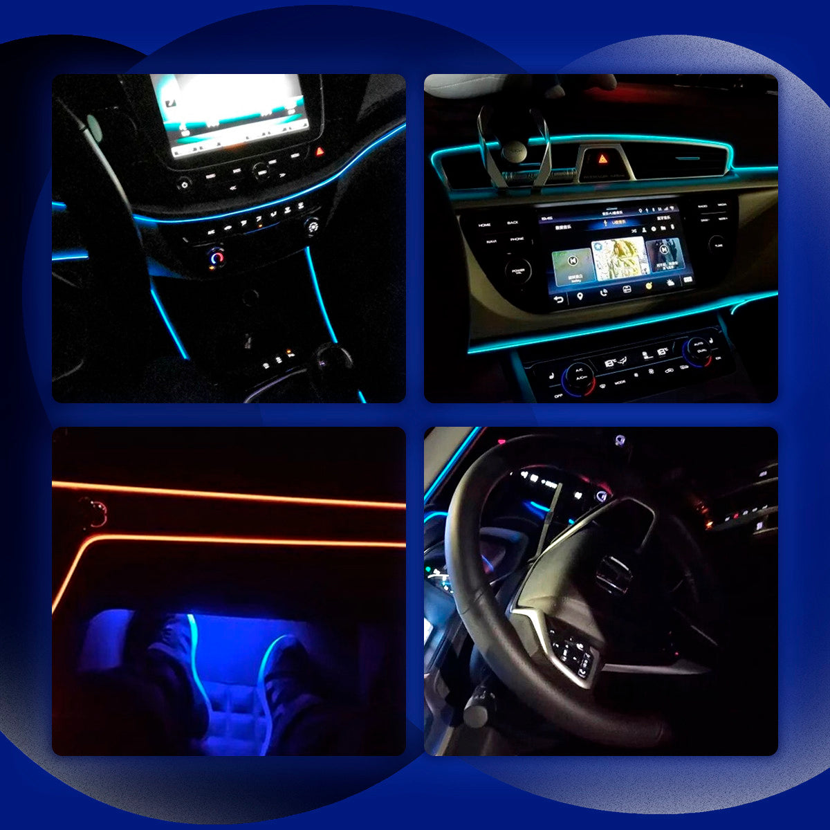 "Stilfuldt LED stemningslys til bilinteriør, elegant lys i forskellige farver, skaber luksuriøs atmosfære i køretøjet."