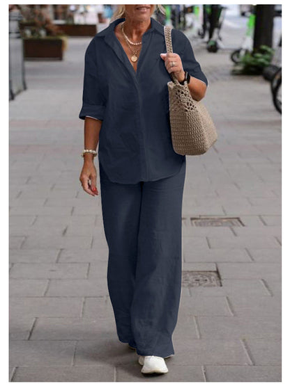 "Stilrent, komfortabelt sæt til kvinder med bomuld og hør skjorter og bukser, perfekt til afslappede og semi-formelle lejligh