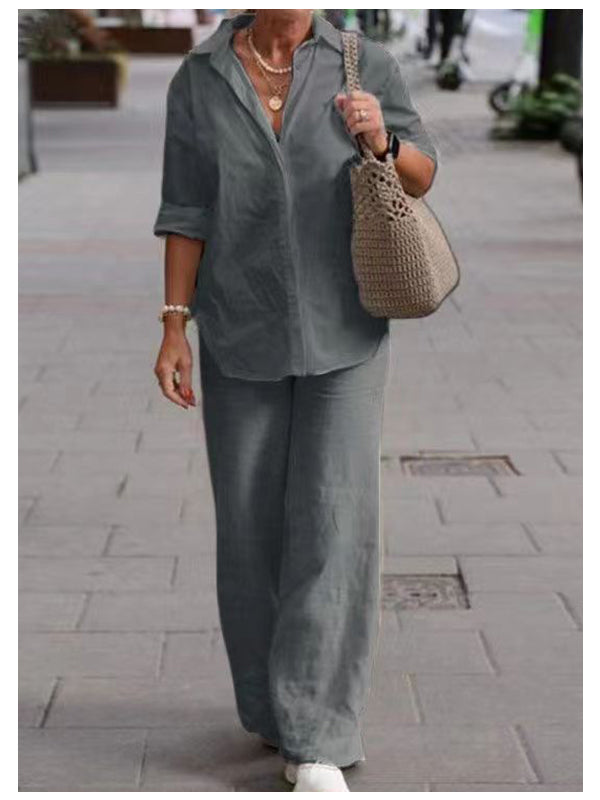 "Stilrent, komfortabelt sæt til kvinder med bomuld og hør skjorter og bukser, perfekt til afslappede og semi-formelle lejligh