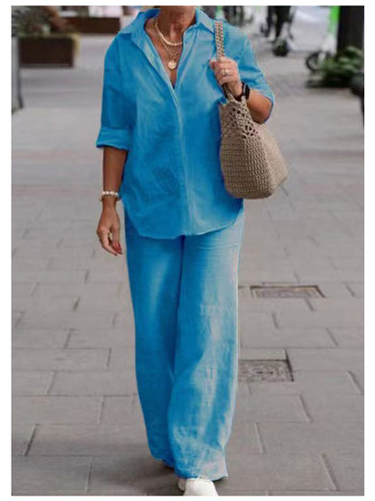 "Stilrent, komfortabelt sæt til kvinder med bomuld og hør skjorter og bukser, perfekt til afslappede og semi-formelle lejligh