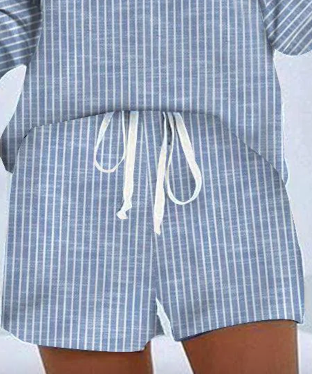 "Stribet pyjamassæt i blødt bomuld med elastisk talje, perfekt til både mænd og kvinder, elegant og komfortabelt design."