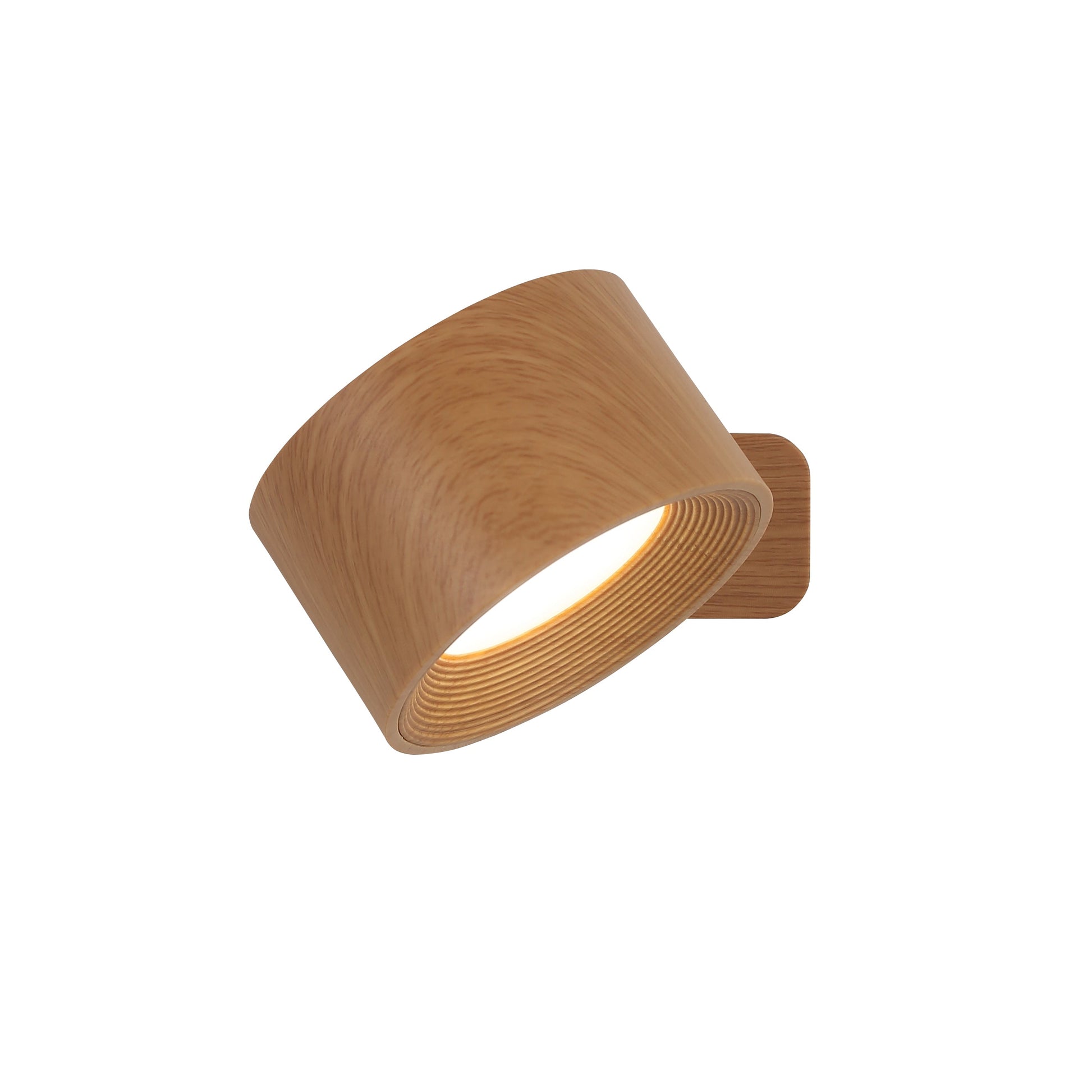 "Ticky magnetisk væglampe i trælook, fleksibel trådløs, elegant design, justerbar lysfarve, kompakt og moderne."