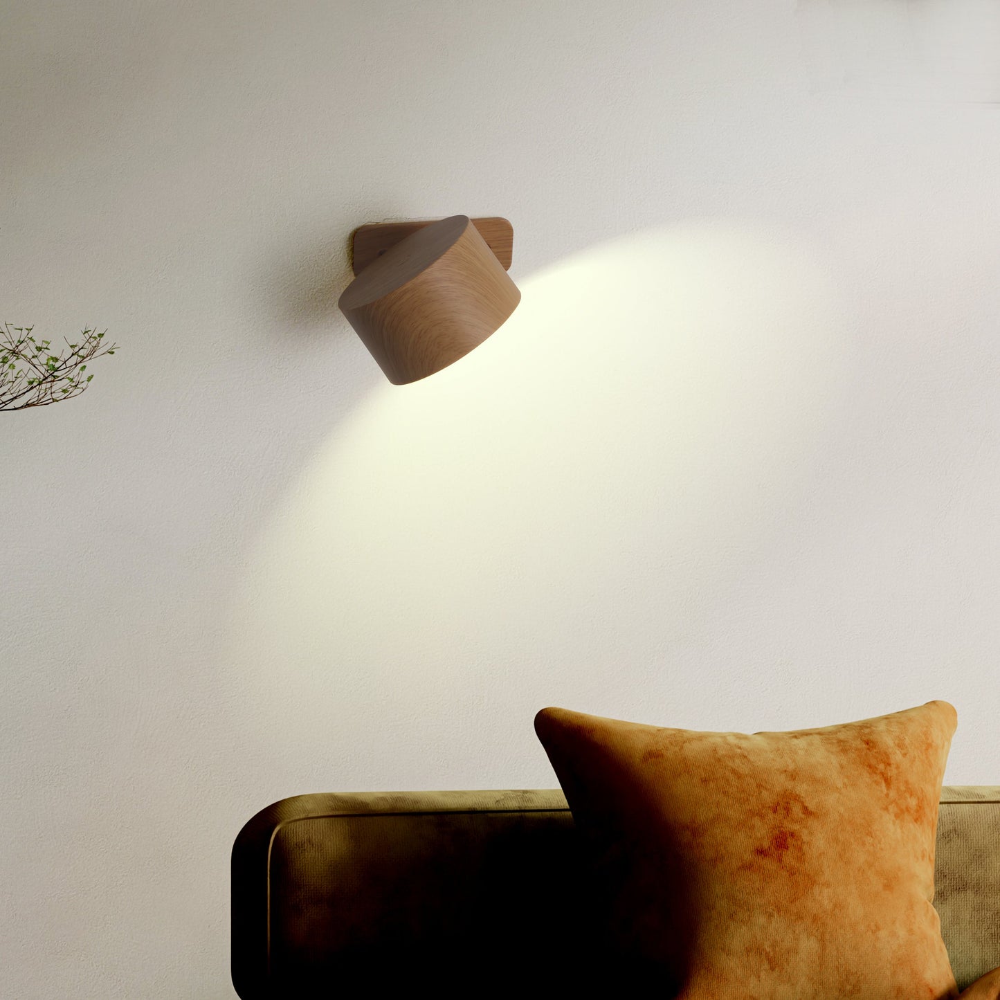 "Ticky magnetisk væglampe i trælook, fleksibel trådløs, elegant design, justerbar lysfarve, kompakt og moderne."