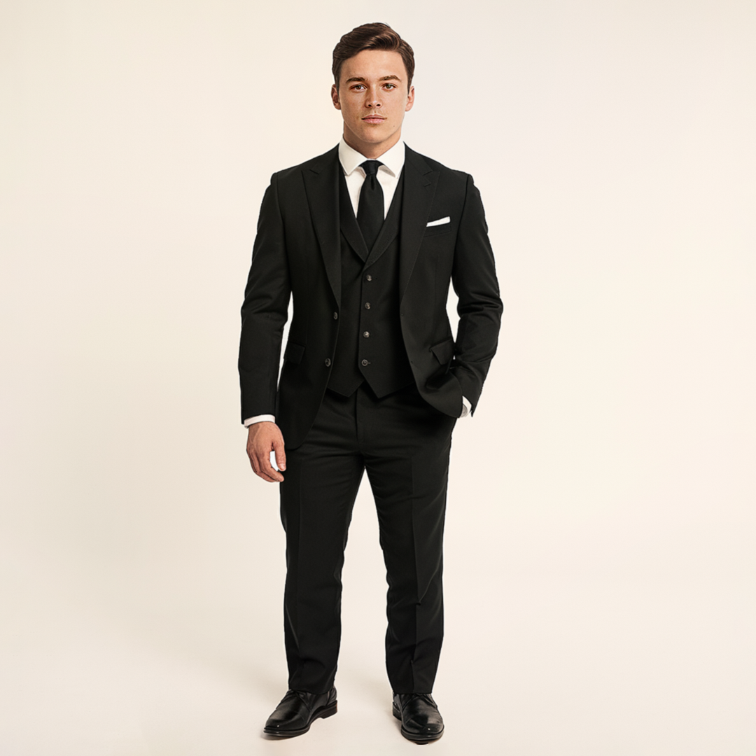 "Tidløst og elegant business-jakkesæt til mænd; 3-delt sæt med blazer, vest, bukser i sofistikeret, skræddersyet pasform."