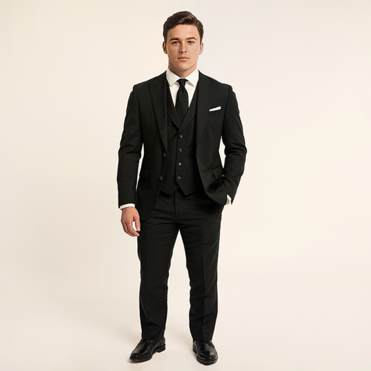 "Tidløst og elegant business-jakkesæt til mænd; 3-delt sæt med blazer, vest, bukser i sofistikeret, skræddersyet pasform."