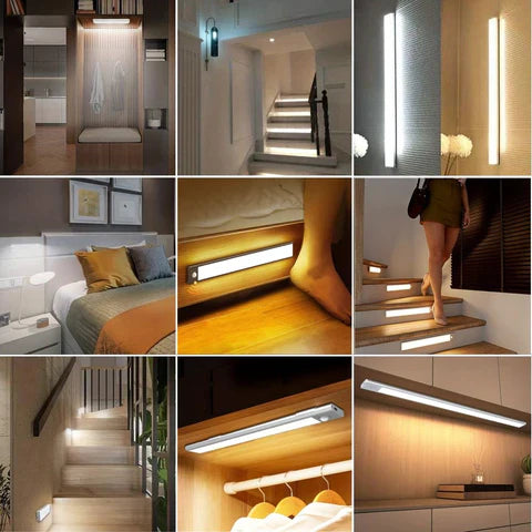 Trådløs sensorlampe med tre lysfarver, vægmonteret, minimalistisk design, varm og kold hvid lys, energibesparende.