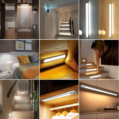 Trådløs sensorlampe med tre lysfarver, vægmonteret, minimalistisk design, varm og kold hvid lys, energibesparende.