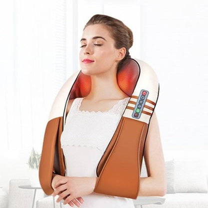 "Trådløst massageapparat i moderne design med 16 massagekugler og infrarød varme for dyb afslapning af nakke og ryg."