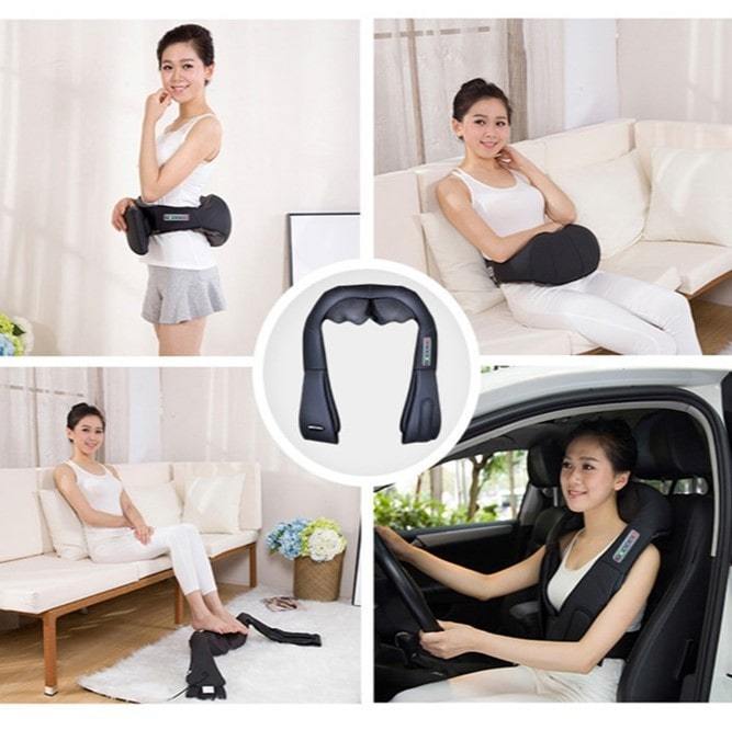 "Trådløst massageapparat i moderne design med 16 massagekugler og infrarød varme for dyb afslapning af nakke og ryg."