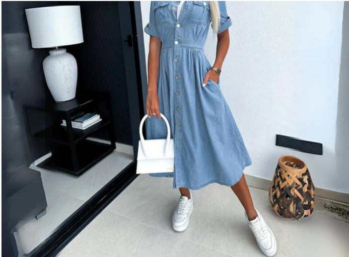 "Trendy denimkjole til kvinder, elegant design med komfort, alsidig til hverdag og fest, fremhæver feminin silhuet."
