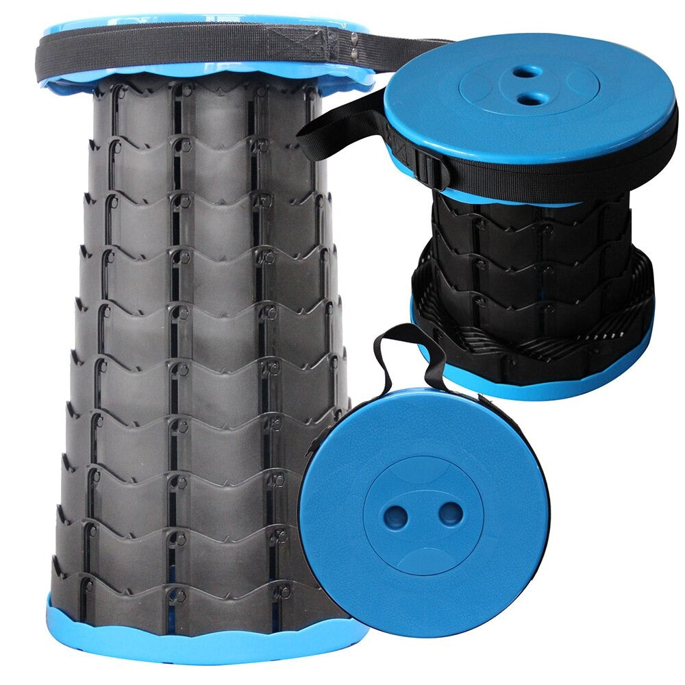 "Udtrækkelig skammel i nylon, justerbar 44 cm, letvægt 0,9 kg, sort, blå, gul, rød, grå, perfekt til udendørs brug."