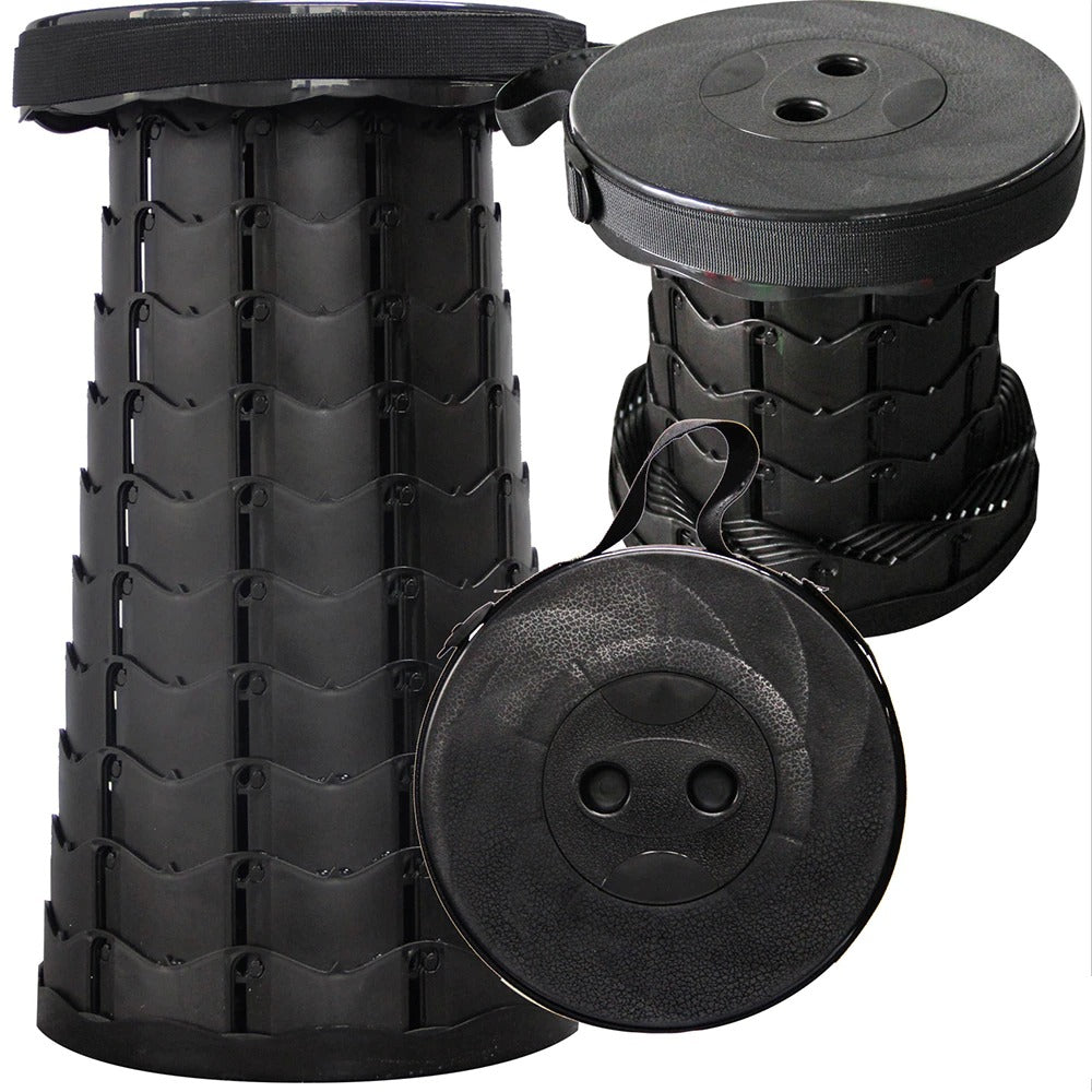 "Udtrækkelig skammel i nylon, justerbar 44 cm, letvægt 0,9 kg, sort, blå, gul, rød, grå, perfekt til udendørs brug."